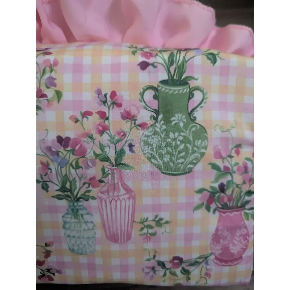 Sweet Pea Cosmetic Bag Pouch Flower Floral Vase Planter Cute Ruffle Pink Trim